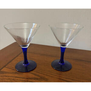 Luminarc France Colbalt Blue Stem 5.5" Martini Wine Coctail Glasses 6oz Set of 2